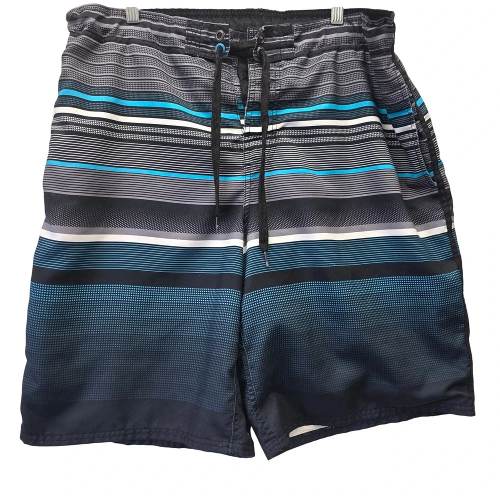Ocean Pacific Mens Swim Trunks Large 36-38 Striped Board Shorts Black Blue OP